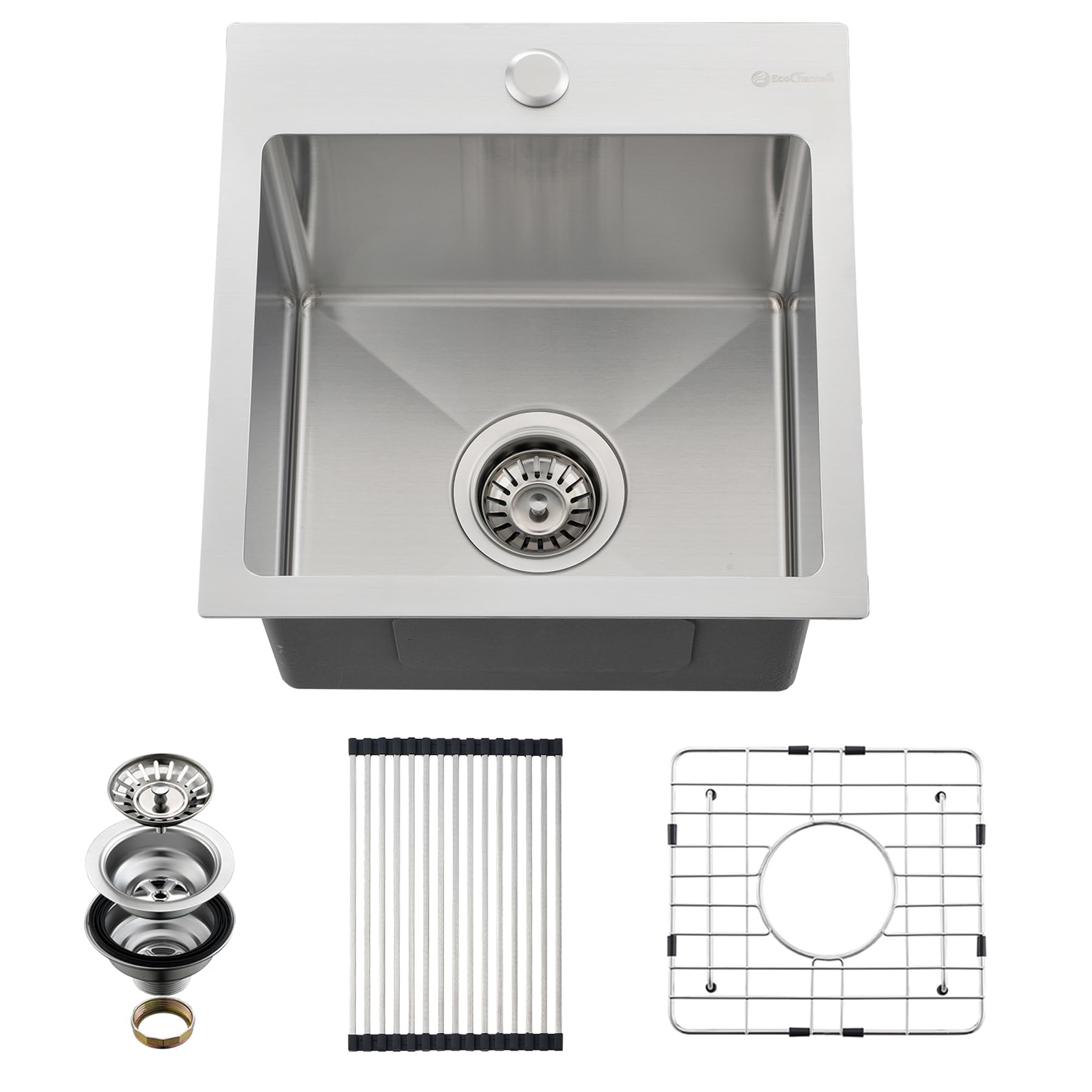 EcoChannels Drop In Kitchen Sink, 15 x 15 x 10 Inch 16 Gauge